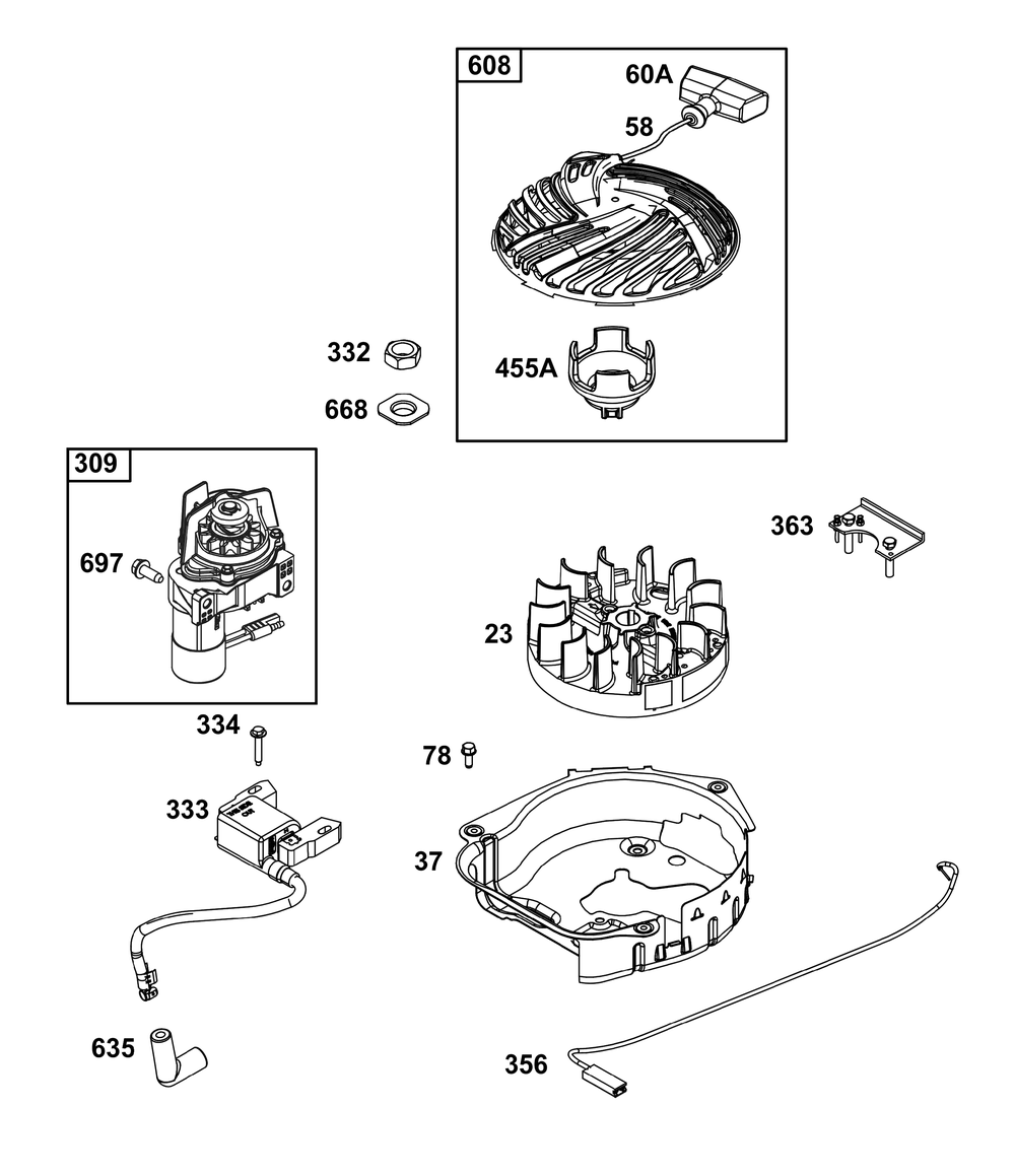 Flywheel, Ignition, And Starter Group Diagram and Parts List for 09P705-0298-F1 020000 - 09Z999 Briggs and Stratton Engine